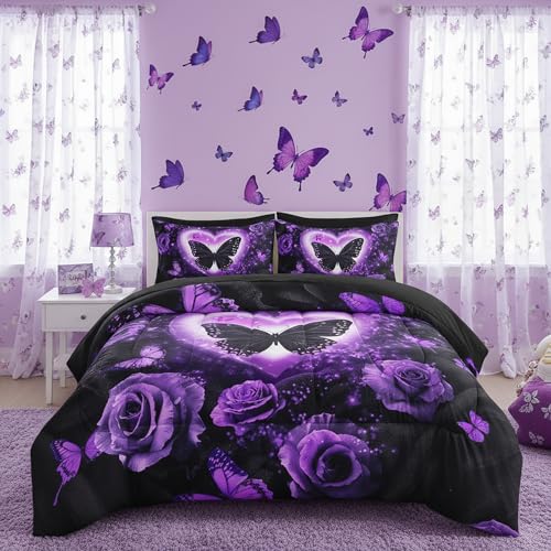 QOOMO Purple Butterfly 7 Pieces Comforter Set Twin Size,Rose Bedding Set for Kids Teens Girls-Include 1 Comforter,1 Fitted Sheet,1 Flat Sheet,2 Printing Pillowcases and 2 Black Pillowcases