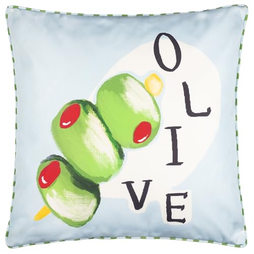 furn. Mediterranean Olive Polyester Filled Cushion – Reversible Water Resistant Olive Striped Outdoor Decorative Pillow (Blue - 45x45cm)