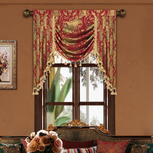 Loom and Mill Luxury Waterfall Valance for Living Room, Classic Damask Jacquard Swag Valances with Tassels, Red Swag Curtains for Bedroom Windows Banquet Christmas Decor, Rod Pocket(W39Inch,1 Panel)