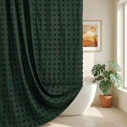 Boho Farmhouse Dark Green Shower Curtain Woven Fabric Shower Curtain, 72 x 72 Tufted Pleat Floral Puffs Textured Modern Farmhouse Minimalist Hunter Green Shower Curtain Set with Hooks for Bathroom