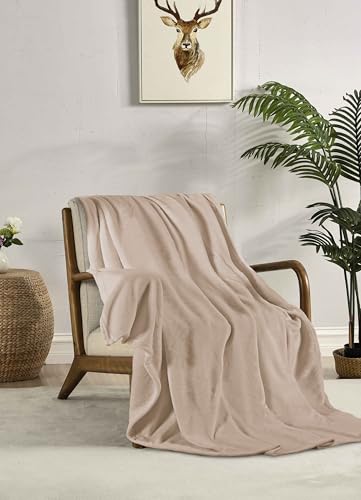 Miracle Home. Fleece Blanket Reversible Microfiber Glass Flannel Velour 260GSM, Soft, Warm and Lightweight, Machine Washable, 220 X 240 cm, Beige