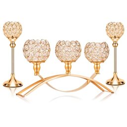 Gold Crystal Candle Holders Decorative Candelabra 3 Arms Candlesticks Holder Table Centerpiece Center Pieces Decoration for Dining Table Home Decor, Wedding, Party, Anniversary