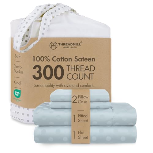 "Threadmill 300TC Cotton Full Sheet Set, Sateen, Jacquard, Light Blue - 100% Cotton, Sateen Weave, Jacquard Pattern, 4-Piece Set, 16"" Deep Pocket, Cooling, OEKO-TEX Certified, Machine Washable"