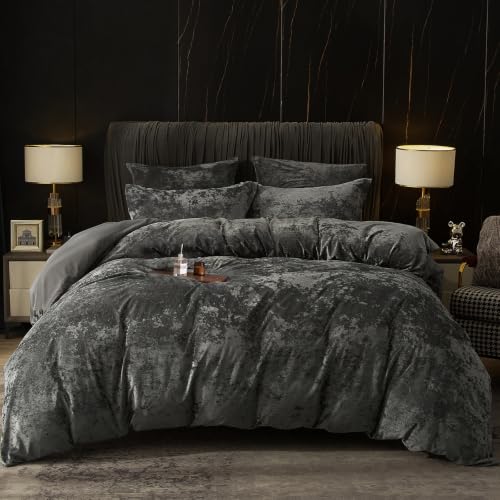 "PHF Truly Velvet Duvet Cover Set Queen Size, 3pcs Ultra Soft Breathable Comforter Cover Set, Luxury Cozy Flannel Duvet Cover with Pillow Shams Bedding Collection, 90"" x 90"", Dark Grey"
