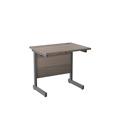 Office Hippo Heavy Duty Rectangular Cantilever Desk, Home Office Table + Integrated Cable Ports, PC Desk For Office or Home, 5 Yr Wty - Silver Frame/Grey Oak Top, 80cm x 60cm