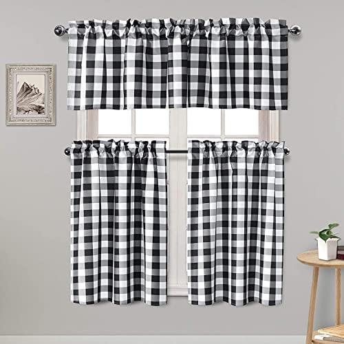 Hiasan 3 Piece Semi Sheer Kitchen Curtains - Light Filtering Buffalo Plaid Tier and Valance Window Curtains Set, Black and White