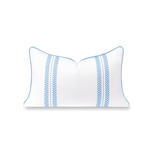 "Hofdeco Premium Coastal Hampton Patio Indoor Outdoor Lumbar Pillow Cover Only, 12""x20"" Water Repellent for Backyard, Couch, Poolside, Azure Blue Print Leaf Striped"