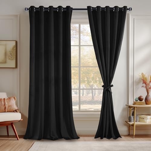 JIUZHEN Black 60 x 84 inches Velvet Blackout Curtains - Extra Wide Insulated Window Covering Noise Absorbing & Privacy Protect Drapes for Living Room/Indoor Decorations, Set of 2 with Tiebacks