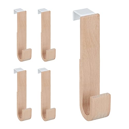 Relaxdays Set of 5 Door Hooks, Wood & Iron, for Jackets, Towels, Hallway Coat Hook, HWD: 13 x 2.5 x 6 cm, White/Natural