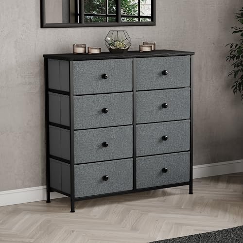 Vida Designs Chorley 8 Drawer Chest Of Drawers Fabric Storage Organizer Unit With Wood Top, Metal Frame & Handles - Ideal For Bedroom, Living Room, Nursery - Grey & Black (UKFR Certified)