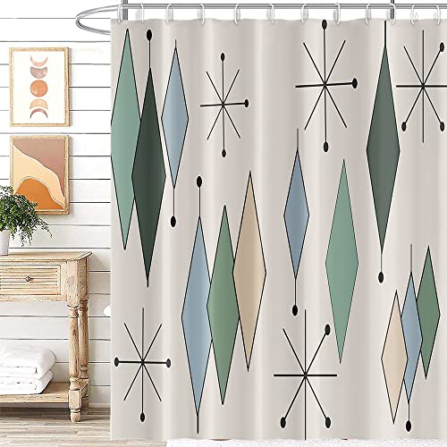 Umpoo Mid Century Shower Curtain Modern Abstract Diamond Geometric Atomic Starburst Pattern for 1950s Retro Bathroom Decor Accessories Shower Curtain Set with 12 Hooks, 72x96 Inches