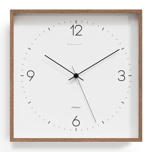 "mooas Wooden Frame Flatwood Wall Clock, 12"" Battery Operated (Dark Brown) - Non-Ticking Sweep Movement Decorative Wall Clock for Home Living Room Kitchen Bedroom Office School"