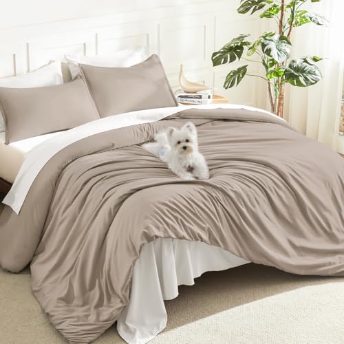 Litanika Comforter Full Size, 3 Pieces Lightweight Solid Bed Set - Light Coffee Soft Fluffy Down Alternative All Season Quilt Blanket