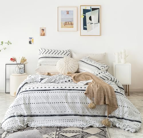 YuHeGuoJi Aztec Striped Duvet Cover King 100% Cotton 3 Pcs Set 1 Black White Geometric Boho Duvet Cover with Zipper Ties 2 Pillowcases Southwestern Tribal Arrow Polka Dots Print Bedding Set Soft