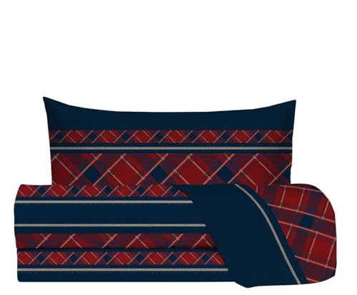 zer0bed, Tartan Single Bed Sheet Set, Single Bed Set, Made in Italy, 100% Cotton, Teal Burgundy, Top Sheet, Fitted Sheet, Pillowcase