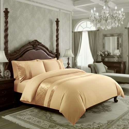 Casabella Luxury Crushed Velvet Panel Band Duvet Cover Sets with Pillow Case Super King Duvet Cover Bedding Set – Beige Crush Velvet Super King Duvet CoverSets