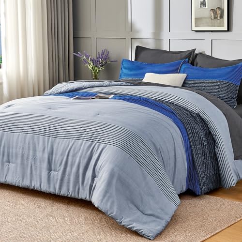 Andency Full Size Comforter Set 7 Pieces - Blue Grey Striped Lightweight Bed in a Bag, Soft Farmhouse All Season Bedding Set with Comforter, Fitted & Flat Sheet, Pillowcases & Shams