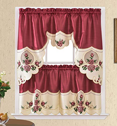 "GOHD Rose Melody 3pcs Kitchen Cafe Curtain Set.Swag and 24"" Tiers,Burgundy"