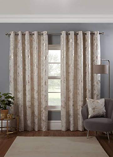 Osaka Japanese Eyelet Curtains 46 x 54 Natural Lined Metallic Velvet Trees
