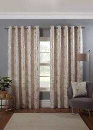 Osaka Japanese Eyelet Curtains 46 x 54 Natural Lined Metallic Velvet Trees