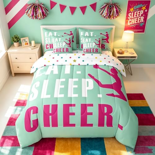 Feelyou Cheer Comforter Set 7 Piece Full Size Girls Cheerleading Bedding Set for Kids Teens Room Cheeleader Decor Bed in A Bag Bright Bed Set Boys Bed Set with Sheets, Pillowcases, Pillow Covers