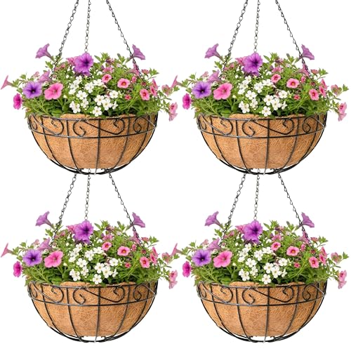 4 Pack Hanging Planter for Outdoor Plants 14 inch Metal Hanging Flower Basket with Coco Coir Liner Round Wire Plant Holder Chain Flower Pots Outdoor Garden Decoration Watering Hanging Baskets???HB???