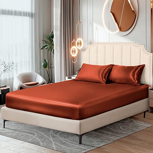 Ersmak Satin Fitted Sheet Only, Luxury Silky Full Fitted Sheet Ultra Soft Deep Pocket Bottom Sheet, Wrinkle & Fade Resistant - Rust Orange