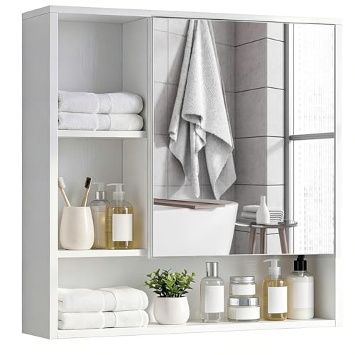RELAX4LIFE Wall Mounted Bathroom Mirror Cabinet, Wooden Bathroom Storage Cupboard with Door and Open Shelves, Hanging Organizer Unit for Living Room Kitchen Laundry (White)