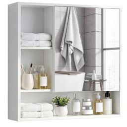 RELAX4LIFE Wall Mounted Bathroom Mirror Cabinet, Wooden Bathroom Storage Cupboard with Door and Open Shelves, Hanging Organizer Unit for Living Room Kitchen Laundry (White)