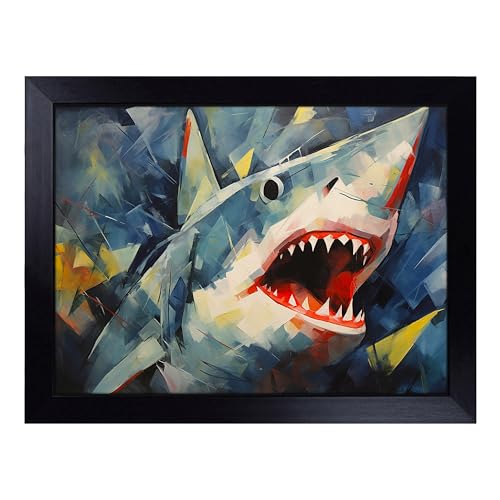 Lap Tray with Bean Bag Cushion, Shark Abstract - Handmade in the UK, Raised Wooden Edge, Padded Cushion, Heat-Resistant Wipe-Clean Surface, for Meals, Laptops and Crafts