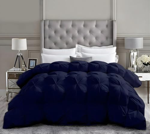 Saferay Green Pinch Pleat Pintuck Comforter Alaskan King 136x120 Navy Blue - Down Alternative 500 GSM Ultra-Soft Breathable All Season, Lightweight 8 Corner Tabs Pintuck Duvet Insert, Machine Washable
