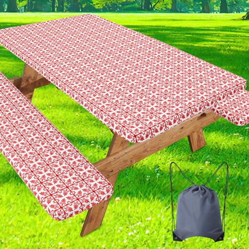 "misaya Picnic Table Cover with Bench Cover, Waterproof Elastic Fitted Tablecloth for 8 Foot Tables, Rectangle Washable Polyester Tablecloths for Picnic, Camping, Outdoor (Red, 30"" x 96"")"