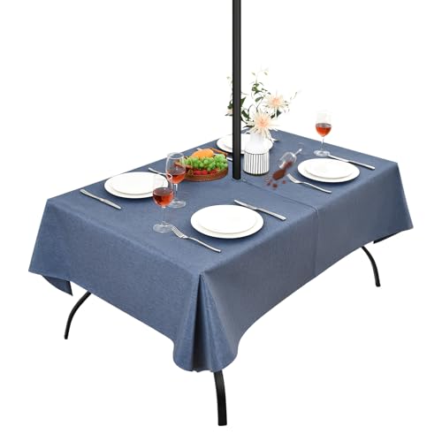 Wolkemer Rectangle Outdoor Tablecloth with Umbrella Hole, 60x84 Inches - Water Resistant Zippered Patio Table Cloth, Wipeable Faux Linen Table Cover for Picnic, Camping, Party (Mist Blue)