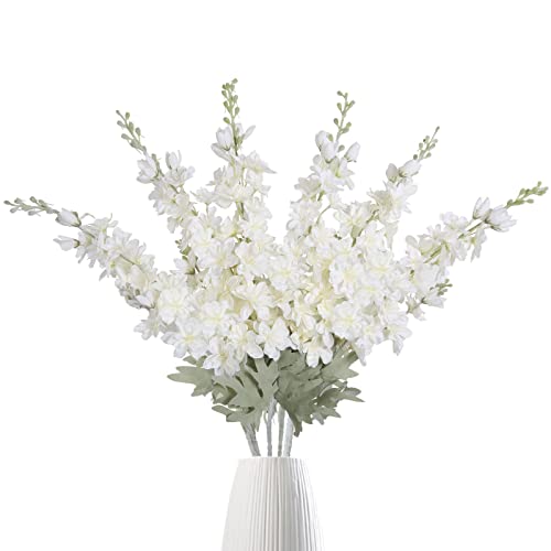 IPOPU 6 pcs Delphinium Artificial Flowers White Larkspur Artificial Flowers, 33.5 in Fake Flowers Bulk Silk Flowers with Stems Real Look for Home Garden Wedding Arrangement Decor(White)