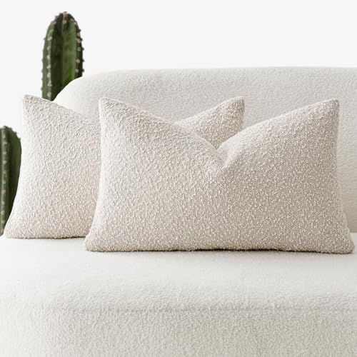 Foindtower Pack of 2 Textured Boucle Throw Pillow Covers Accent Solid Lumbar Pillow Cases Cozy Soft Decorative Couch Cushion Case for Chair Sofa Bedroom Living Room Home Decor, 12 x 20 Inch,Beige