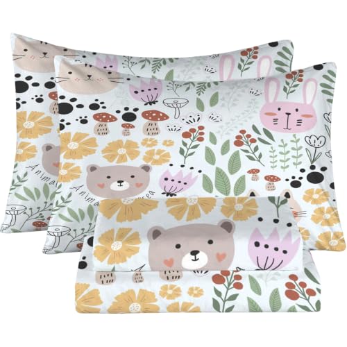 FUYEUN Floral Animals Sheets Set: Flower Cat Bedding Set Full/Queen Size for Girls Teens Women Bedroom Bed - 1 Flat Sheet, 1 Fitted Sheet, 2 Pillowcases