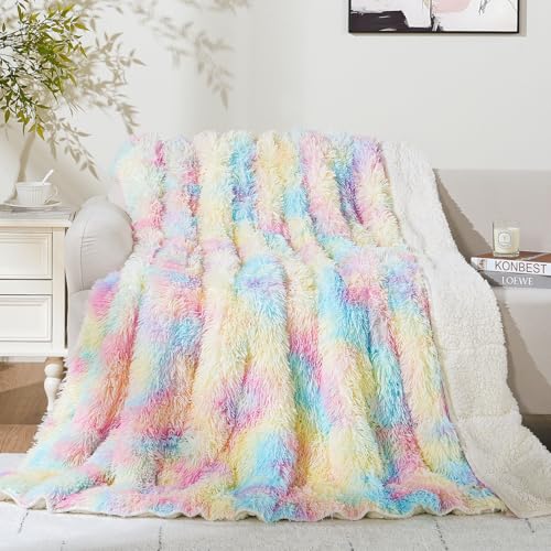"Cottonblue Weighted Blanket 15lbs Queen Size, Soft Faux Fur Sherpa Blanket, Reversible Fluffy Fleece Reverse Blankets, Warm and Cozy Rainbow Throw Decorative for Bedroom Sofa Floor, 60""x80"""