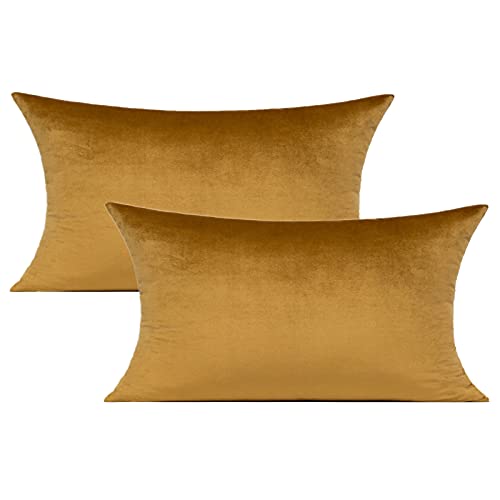 VAKADO 12x20 Christmas Gold Velvet Lumbar Decor Throw Pillow Covers Brown Golden Rectangle Decorative Cushion Cases Home for Couch Patio Sofa Bedroom Car Set of 2