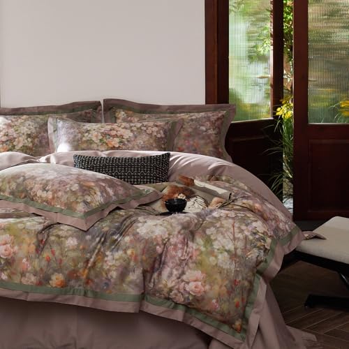 "mixinni Vintage Floral Duvet Cover Set - King Size, 100% Long Staple Cotton Percale, Reversible Garden Style Bedding Set with Zipper Closure, 3-Piece Luxury Duvet Cover with 2 Pillow Shams (20""x36"")"