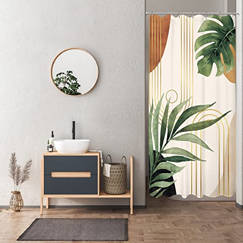 Small Stall Narrow Shower Curtain Tropical Bohemian Bathroom Curtain Set - Leaves Mid Century Abstract Boho Botanical Curtains Plant Palm Leaf 36Wx72L Bathroom Decor Waterproof Fabric with Free Hooks