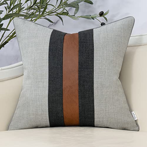 Yangest Grey Patchwork Linen Cushion Cover Farmhouse Jute Cushion Cover Faux Leather Decorative Cushion Cover for Sofa Couch Bedroom Living Room Home Decor 18 x 18 Inch