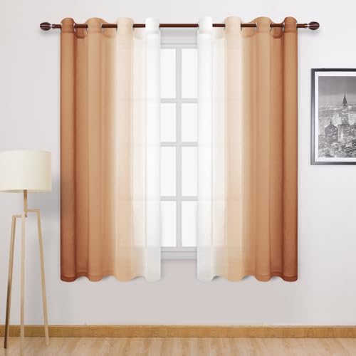 DWCN Fall Faux Linen Ombre Sheer Curtains - 63 inches Long Gradient Semi Voile Curtains for Bedroom and Living Room, Set of 2 Grommet Top Window Curtain Panels, W52 x L63 Inches, Burnt Ochre