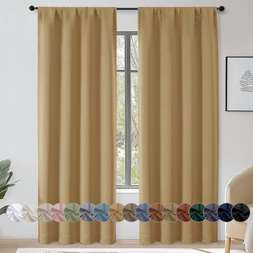 OWENIE Sally Gold Blackout Curtains 84 Inches Long 2 Panels Set for Bedroom Living Room, Solid Thermal Insulated Privacy Room Darkening Window Treatment Drapes, 2 Pcs Each W40 x L84 Inch, Gold