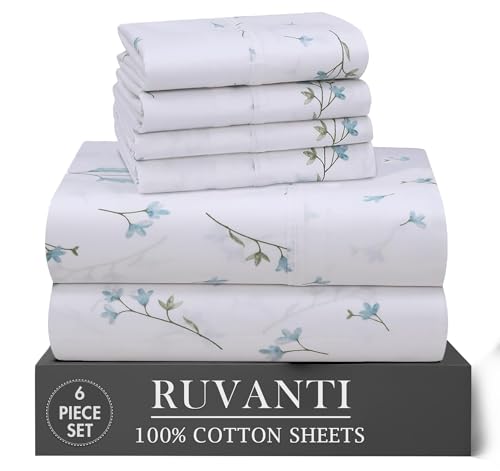 "RUVANTI 6 Pcs Cotton Sheets - 100% Natural Cotton Soft, Lightweight & Breathable Crispy Percale Bed Sheets, King Size Sheets Set 16"" Deep Pockets, Burgeon"
