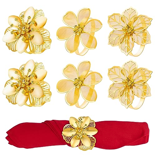 Homotte Gold Flower Napkin Rings Set of 6, Christmas Napkin Rings for Thanksgiving Table Decorations, Christmas Banquet, Daily Receptions
