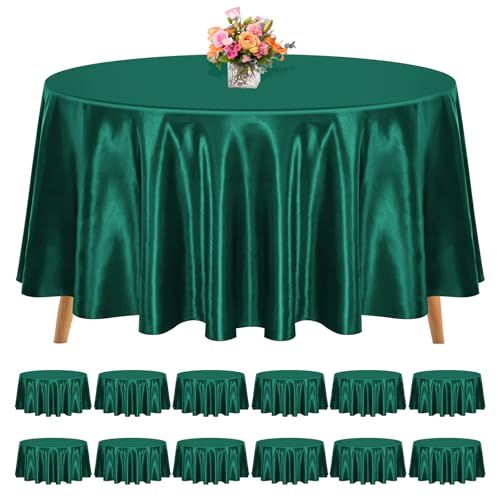 REWOMC 12 Pack 108 Inch Round Satin Tablecloth, Hunter Green - Bright Silk Tablecloth, Smooth Washable Fabric Table Covers, Overlay Silky Decoration Wedding Party Banquet Birthday