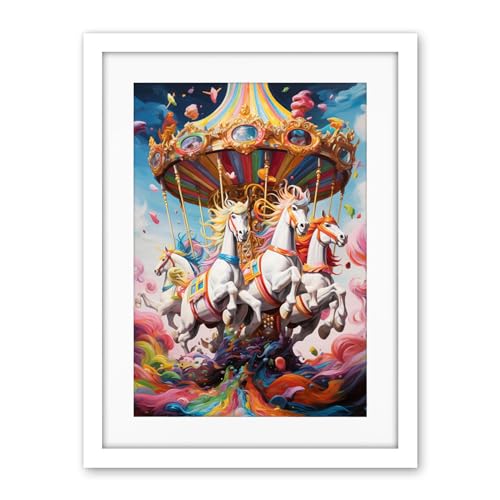 Artery8 Magical Carousel in Rainbow Clouds Bright Bold Vibrant Fantasy Kids Bedroom Baby Nursery Artwork Framed Wall Art Print 18X24 Inch
