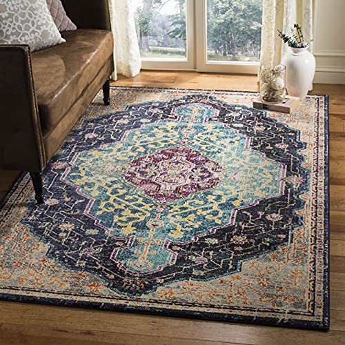 Safavieh Boho Chic Indoor Woven Rectangle Area Rug, Monaco Collection, MNC249, in Black / Blue, 91 X 152 cm for Living Room, Bedroom or Any Indoor Space