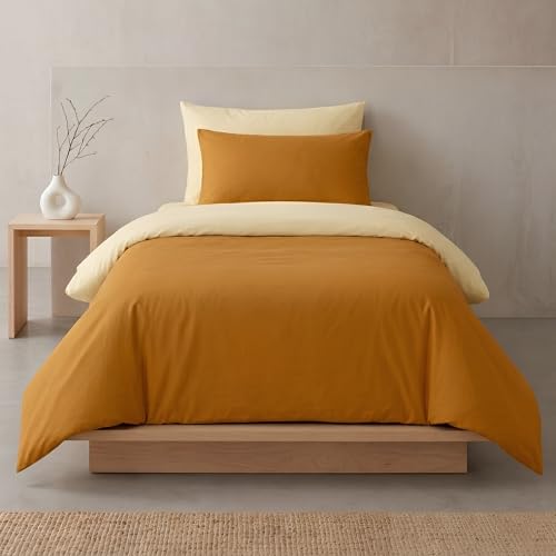 Sono a casa - Single Duvet Cover Set, 1 Double Fitted Sheet 150 x 200 cm and 1 Double Pillowcase 50 x 80 cm - 100% Soft and Durable Microfibre (Yellow, Single)