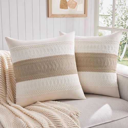 ZeeMart 2 Pack Boho Throw Pillow Covers, Contrast Taupe 22x22in - Soft Breathable Cotton, Farmhouse Decorative Couch Pillow Cases, Cushion Covers for Sofa Bed Living Room Home Decor